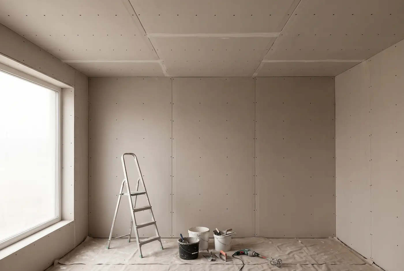 New plasterboard with taped joints and screw pattern mid-renovation, Perth home